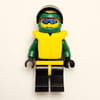 Racer, Extreme Team, Black Jacket, Black Legs, Green Helmet with Visor, Yellow Life Vest, Blue Sunglasses