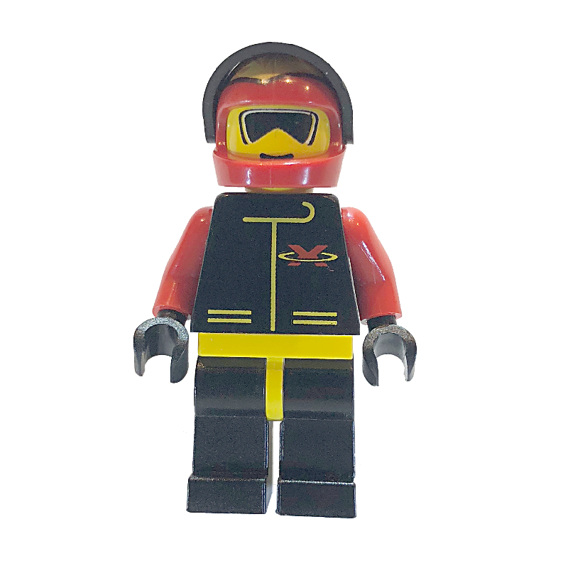 LEGO Racer, Extreme Team, Black Jacket, Red Helmet with Flames and Visor, Sunglasses (fig-008545)