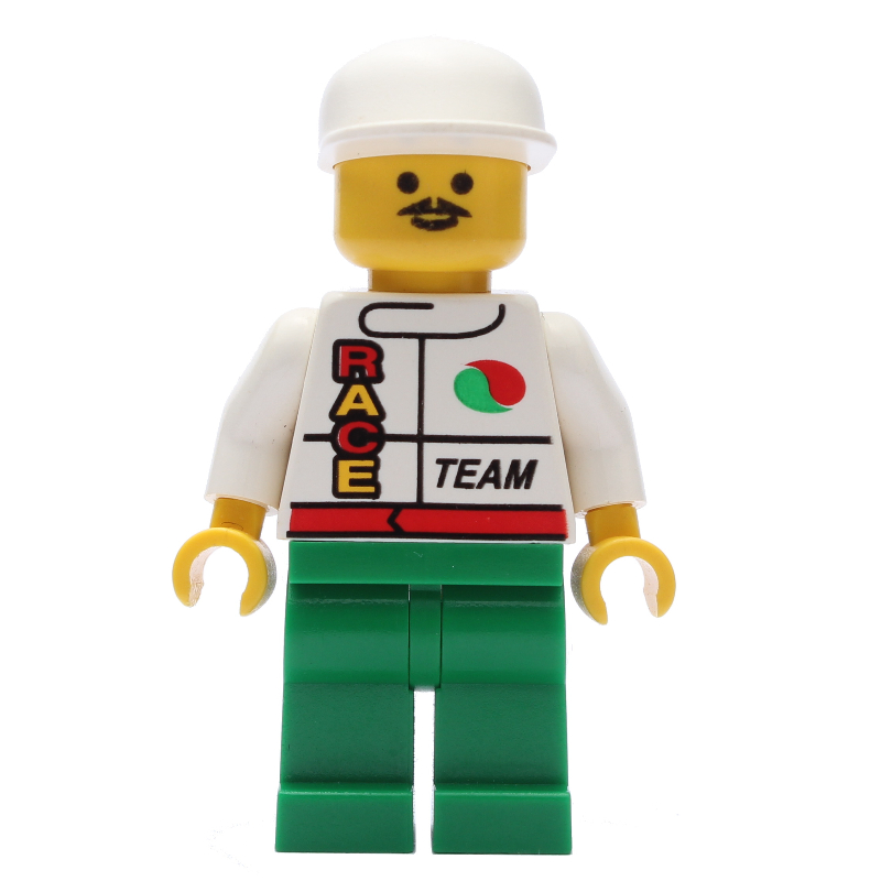 LEGO Racer, White Jacket with Octan Logo and 'RACE' and 'TEAM', Green Legs, White Cap, Moustache (fig-008548)
