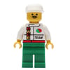 Racer, White Jacket with Octan Logo and 'RACE' and 'TEAM', Green Legs, White Cap, Moustache