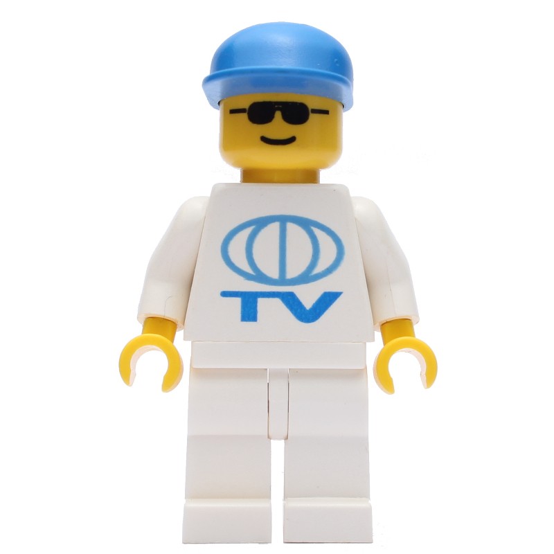 LEGO Man, White Shirt with TV Logo, Blue Cap, Sunglasses (fig-008549)
