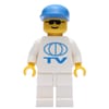 Man, White Shirt with TV Logo, Blue Cap, Sunglasses