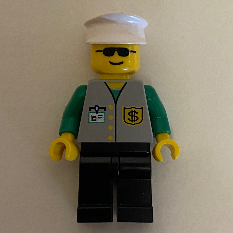 LEGO Banker, Light Gray Vest with Badge and ID Badge, Black Legs, White Hat, Sunglasses (fig-008570)