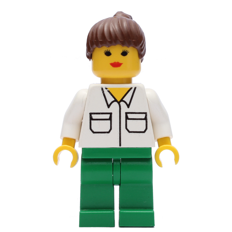 LEGO Woman, White Shirt with Pockets, Green Legs, Brown Hair (fig-008571)