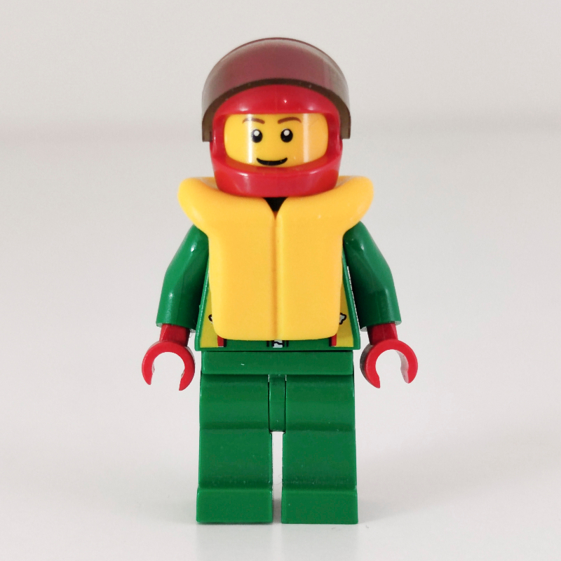 LEGO Racer, Green Jacket with Zipper and Octan Logo, Red Helmet with Visor, Yellow Life Vest (fig-008572)