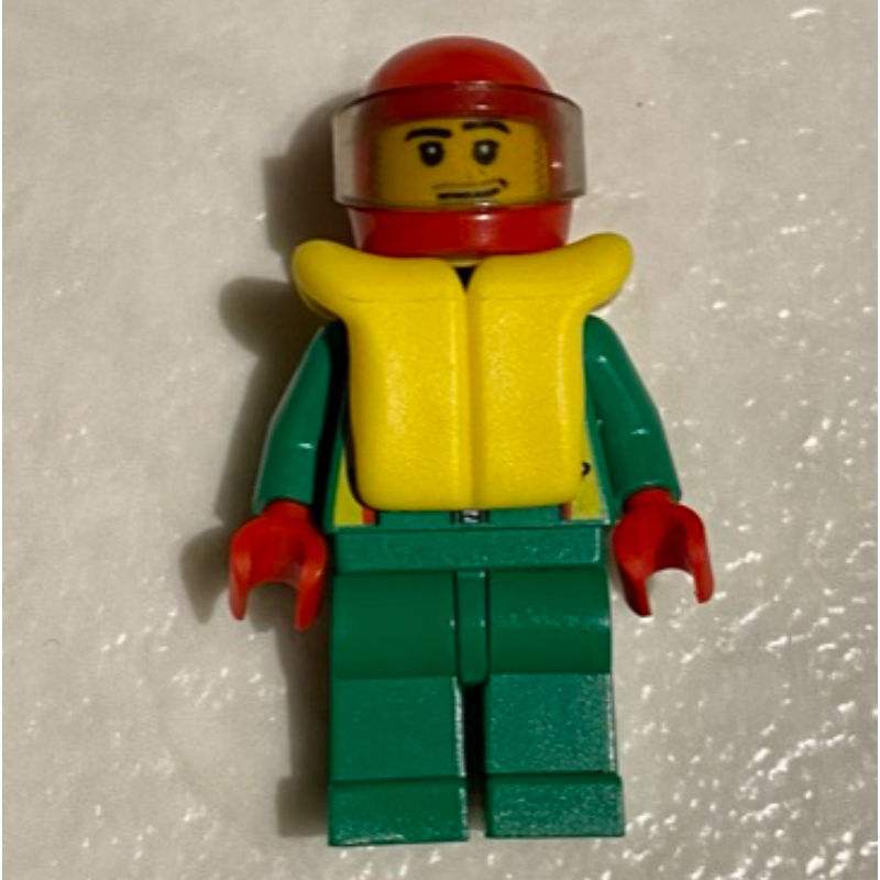 LEGO Racer, Green Jacket with Zipper and Octan Logo, Red Helmet with Visor, Yellow Life Vest, Stubble (fig-008573)