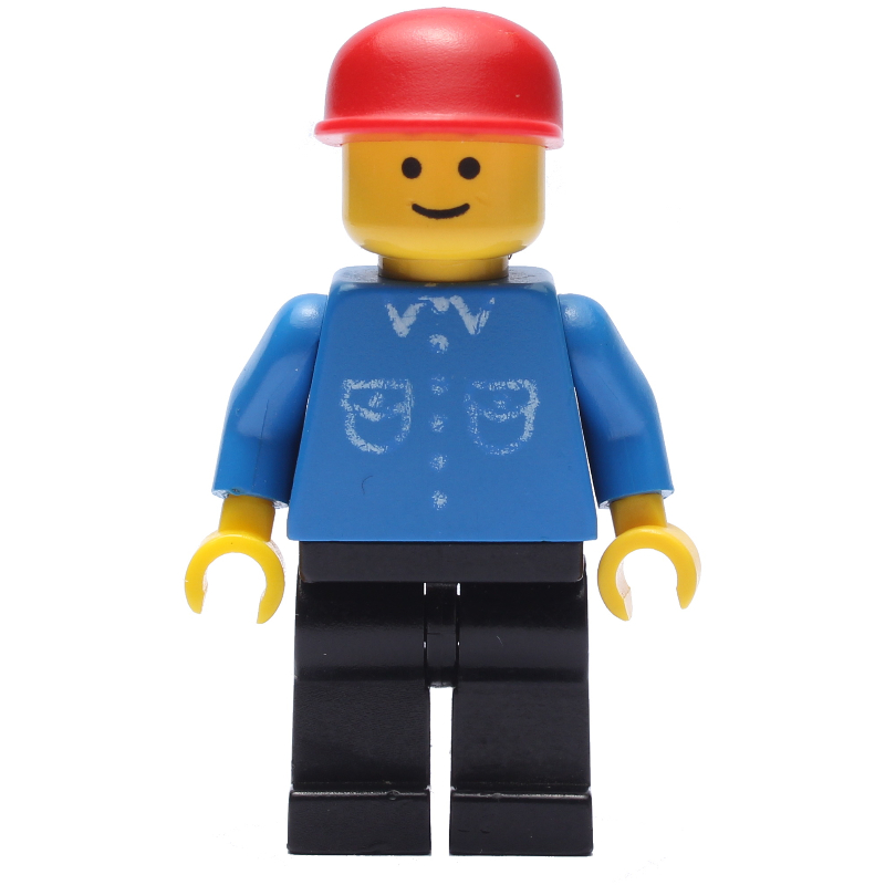 LEGO Man, Blue Shirt with Buttons and Pockets, Black Legs, Red Cap (fig-008574)