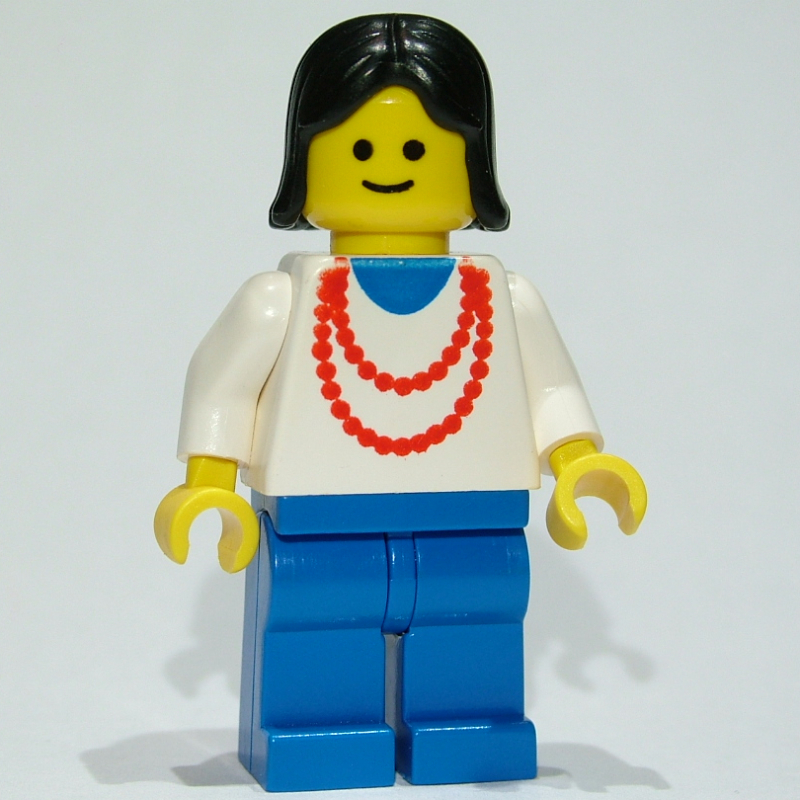 LEGO Woman, White Top with Red Necklace, Blue Legs, Black Hair (3626b Head) (fig-008575)