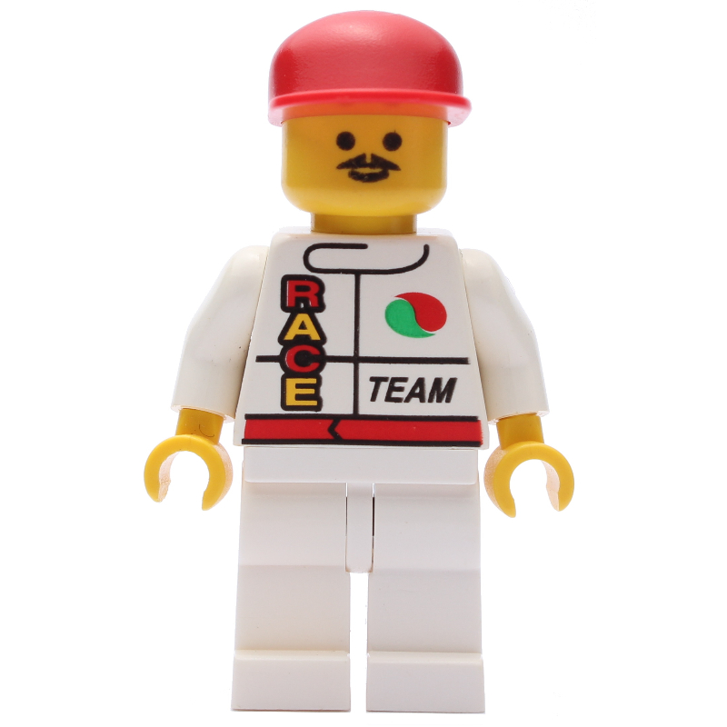 LEGO Racer, White Jacket with Octan Logo and 'RACE' and 'TEAM', Red Cap, Moustache (fig-008577)