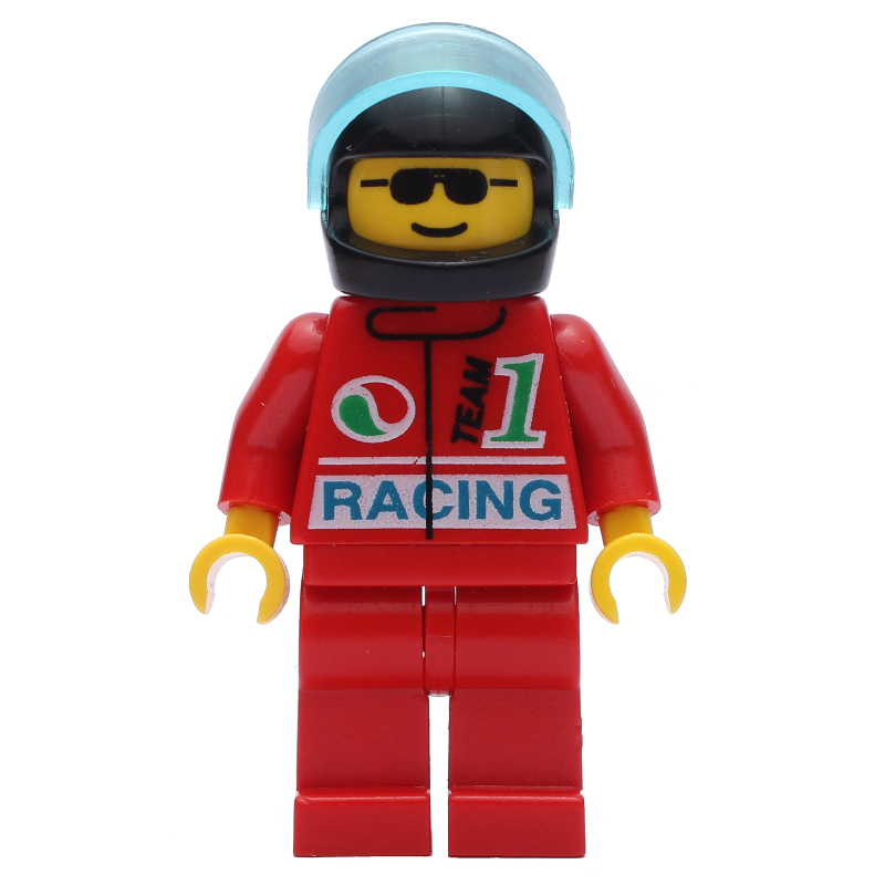 LEGO Racer, Red Jacket with Octan Logo and 'RACING', Red Legs, Black Helmet with Visor, Sunglasses (fig-008578)