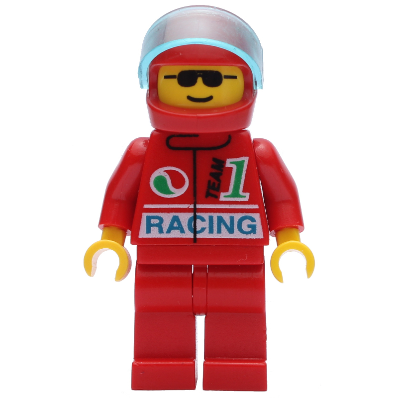 LEGO Racer, Red Jacket with Octan Logo and 'RACING', Red Legs, Red Helmet with Visor, Sunglasses (fig-008580)