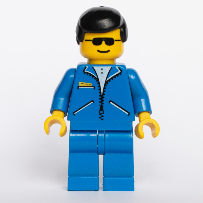 LEGO Man, Blue Jacket with Zipper, Blue Legs, Black Hair, Sunglasses (fig-008581)