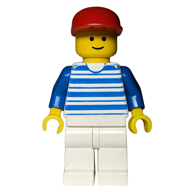 LEGO Man, White and Blue Striped Shirt, White Legs, Red Cap (fig-008584)