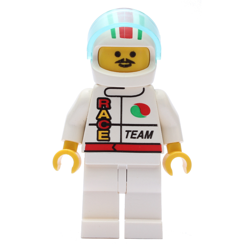 LEGO Racer, White Jacket with Octan Logo and 'RACE' and 'TEAM', White Helmet with Stripes and Visor, Moustache (fig-008587)