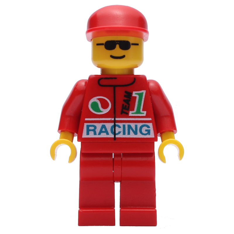 LEGO Racer, Red Jacket with Octan Logo and 'RACING', Red Legs, Red Cap, Sunglasses (fig-008588)