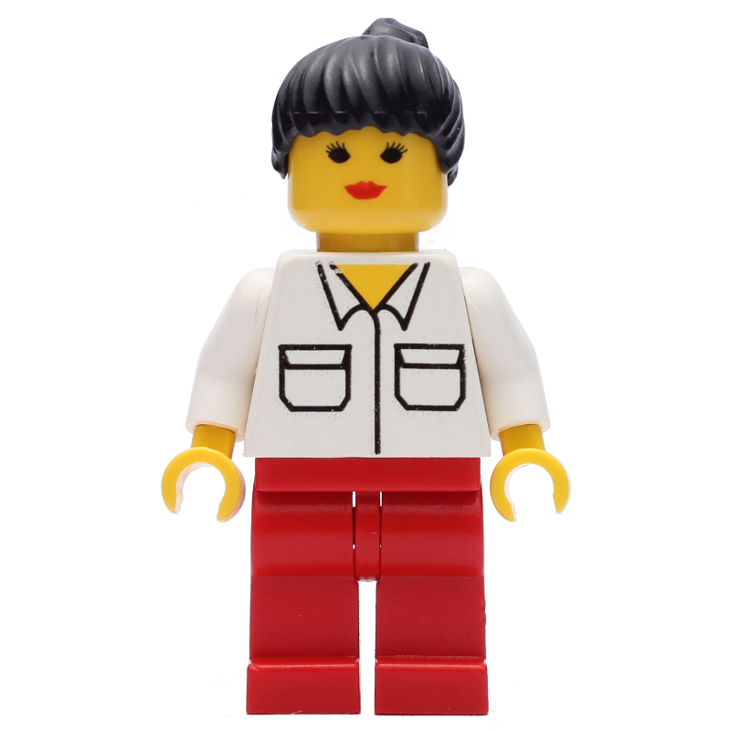 LEGO Woman, White Shirt with Pockets, Red Legs, Black Hair (fig-008589)