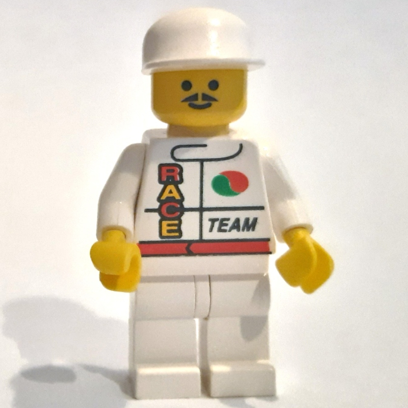LEGO Racer, White Jacket with Octan Logo and 'RACE' and 'TEAM', White Legs, White Cap, Moustache (fig-008590)