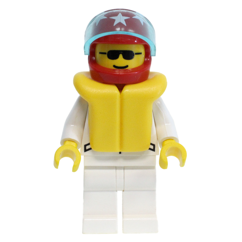 LEGO Racer, White Jacket with 2 Stars, Red Helmet with Stars and Visor, Yellow Life Vest, Sunglasses (fig-008592)