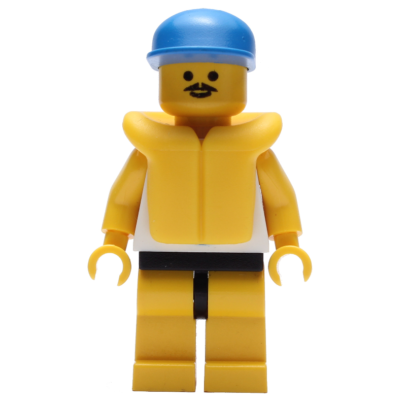 LEGO Man, White Tank Top with Windsurfer, Yellow Legs, Blue Cap, Yellow Life Vest, Moustache (fig-008593)