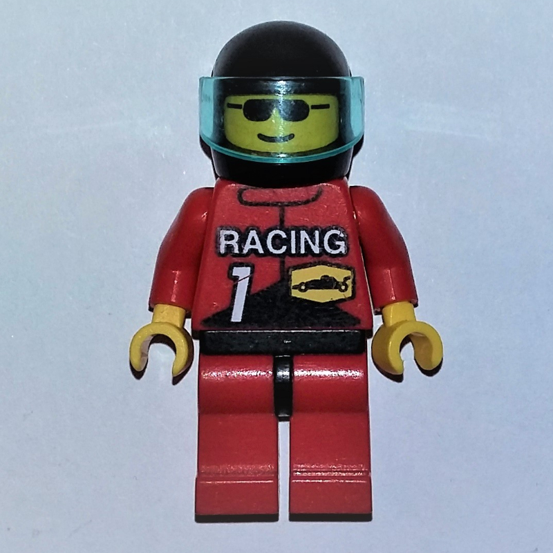 LEGO Racer, Red Jacket with 'RACING' and '1', Black Helmet with Visor, Sunglasses (fig-008594)