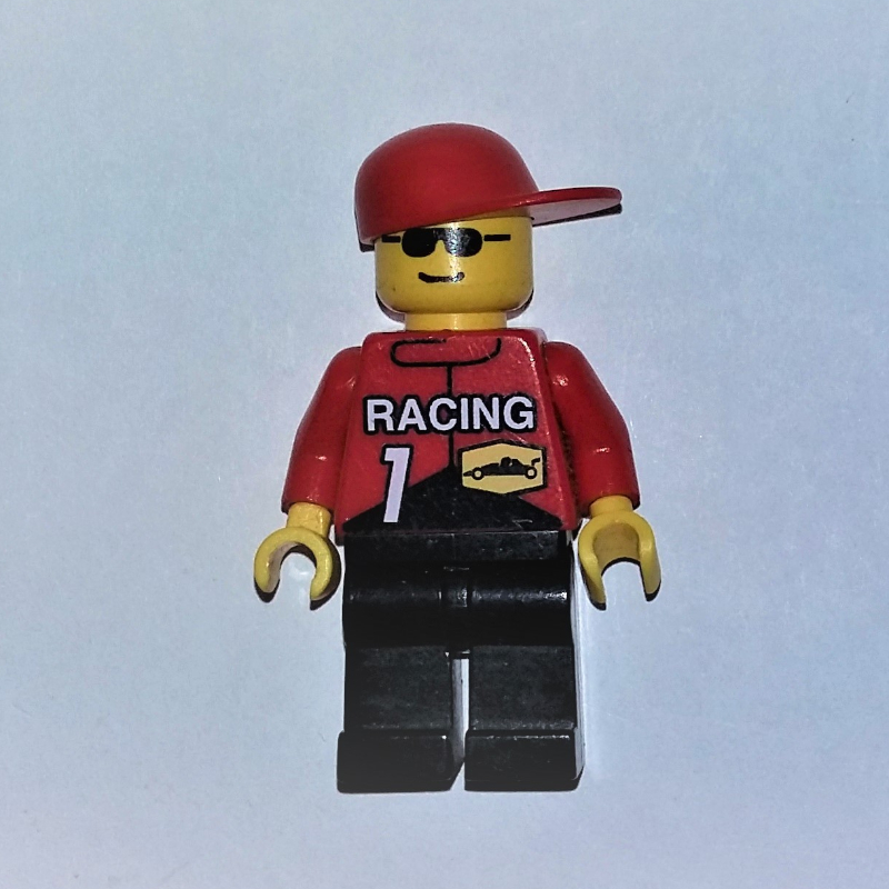 LEGO Racer, Red Jacket with 'RACING' and '1', Red Cap, Sunglasses (fig-008595)