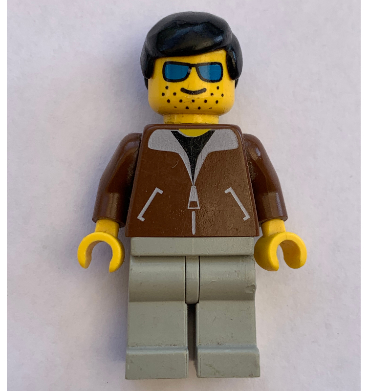 LEGO Man, Brown Jacket, Light Gray Legs, Black Hair, Blue Sunglasses (fig-008601)