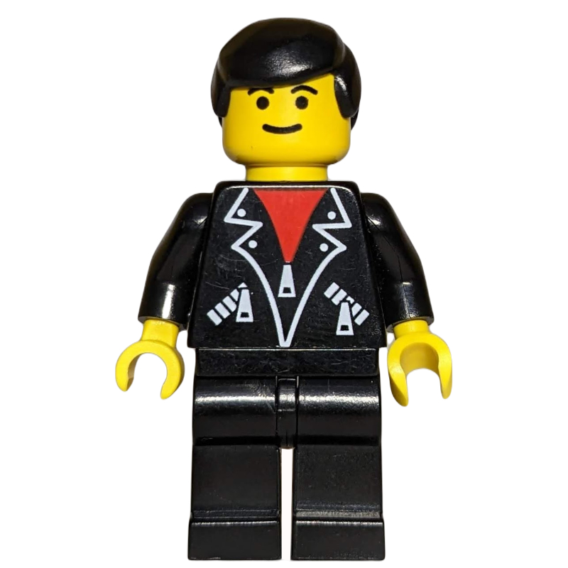 LEGO Man, Open Black Jacket over Red Shirt, Black Legs, Black Hair, Eyebrows (fig-008602)