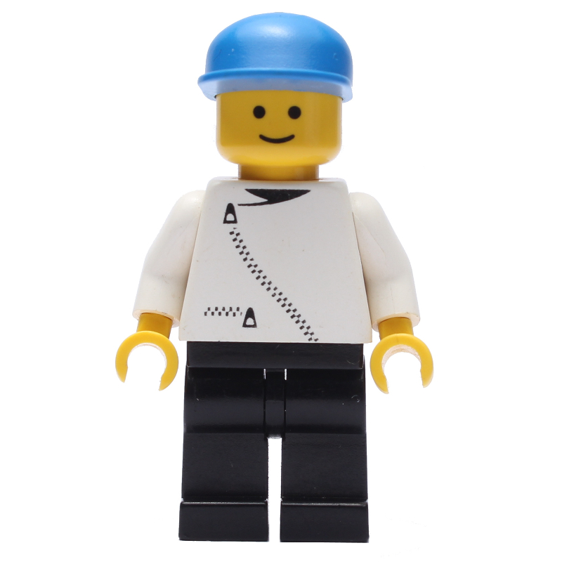 LEGO Man, White Jacket with Zipper, Black Legs, Blue Cap (fig-008604)
