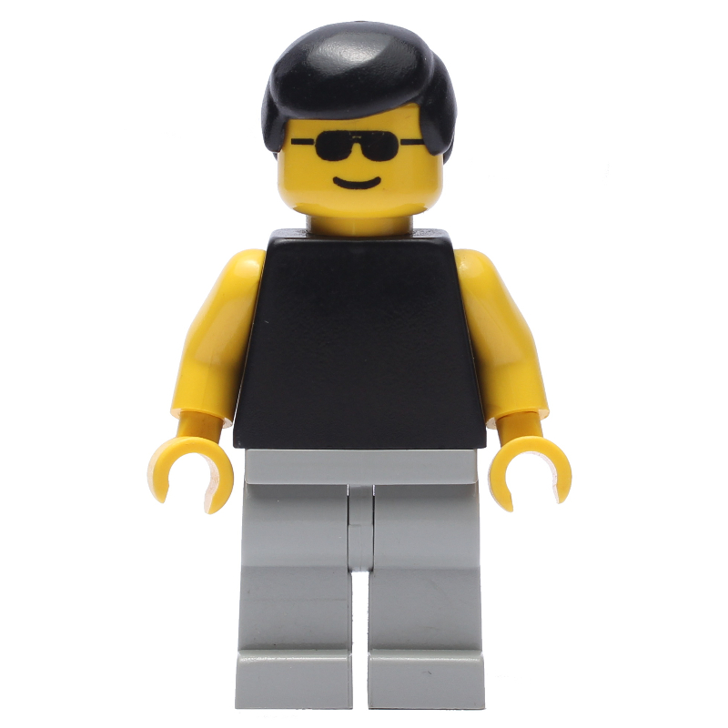 LEGO Man, Black Torso with Yellow Arms, Light Gray Legs, Black Hair, Sunglasses (fig-008605)