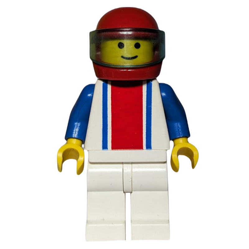 LEGO Man, White Torso with Red and Blue Stripes, White Legs, Red Helmet with Visor (fig-008608)
