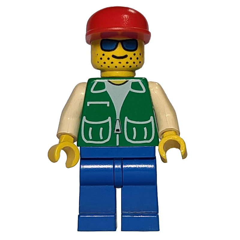 LEGO Man, Green Jacket, Blue Legs, Red Cap, Blue Sunglasses (fig-008609)