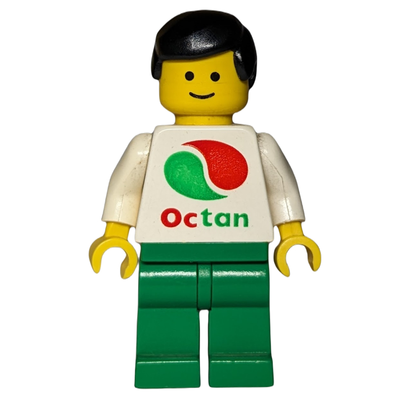 LEGO Man, White Top with Large Octan Logo, Green Legs, Black Hair (fig-008611)