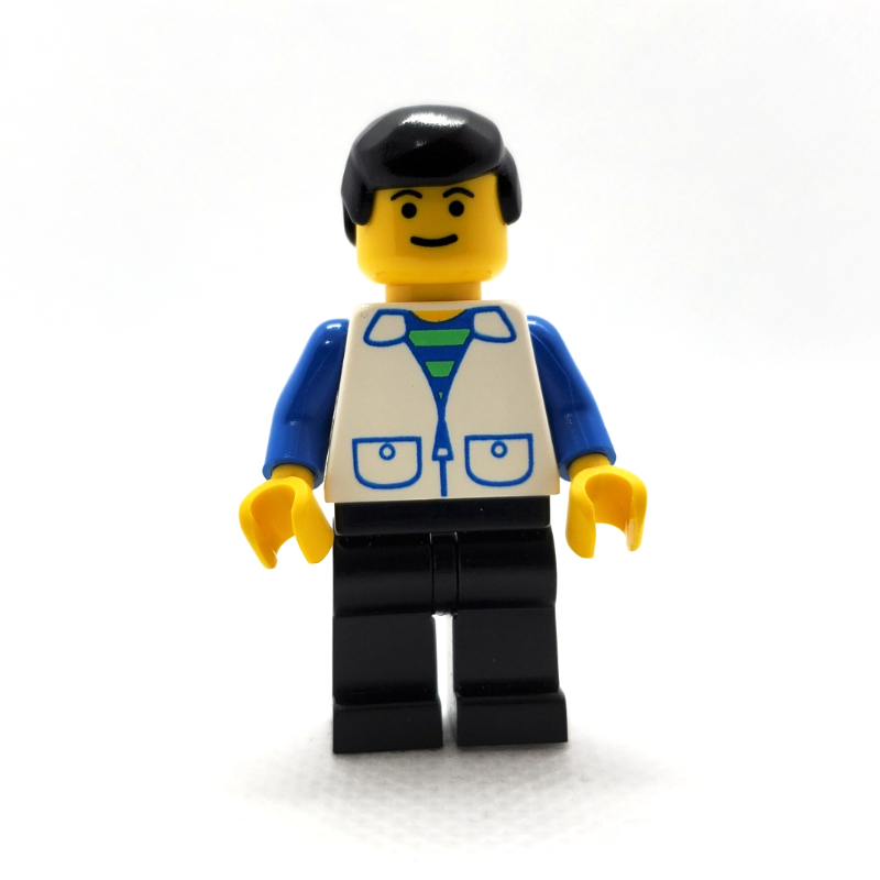 LEGO Man, Open White Vest over Blue and Green Striped Shirt, Black Legs, Black Hair (fig-008615)