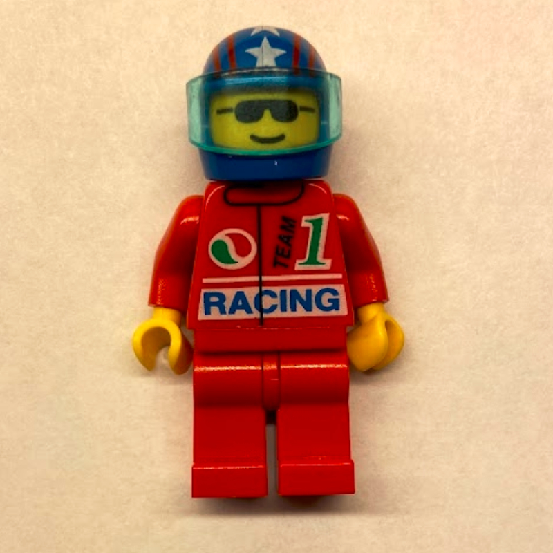 LEGO Racer, Red Jacket with Octan Logo and 'RACING', Blue Helmet with Stars and Visor, Sunglasses (fig-008616)