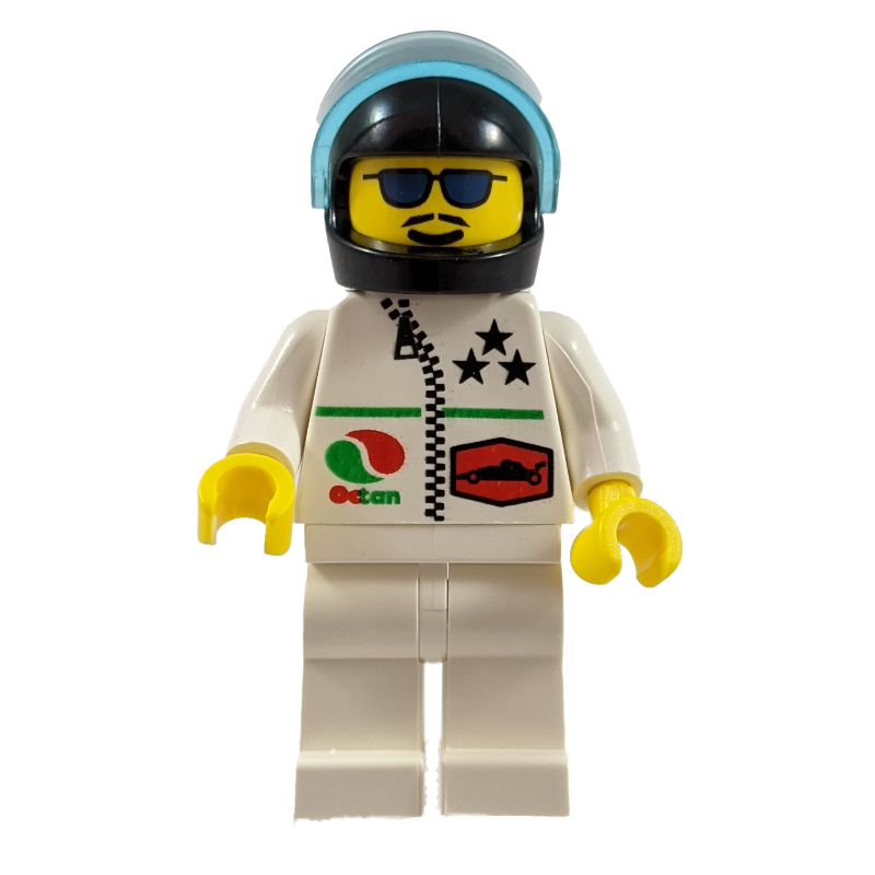 LEGO Racer, White Jacket with Zipper and Octan Logo, Black Helmet with Visor, Blue Sunglasses and Moustache (fig-008618)