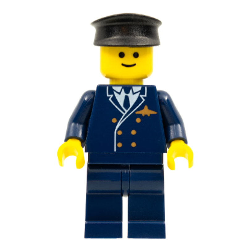 LEGO Pilot, Dark Blue Suit with Airplane Badge, Black Hat (fig-008619)