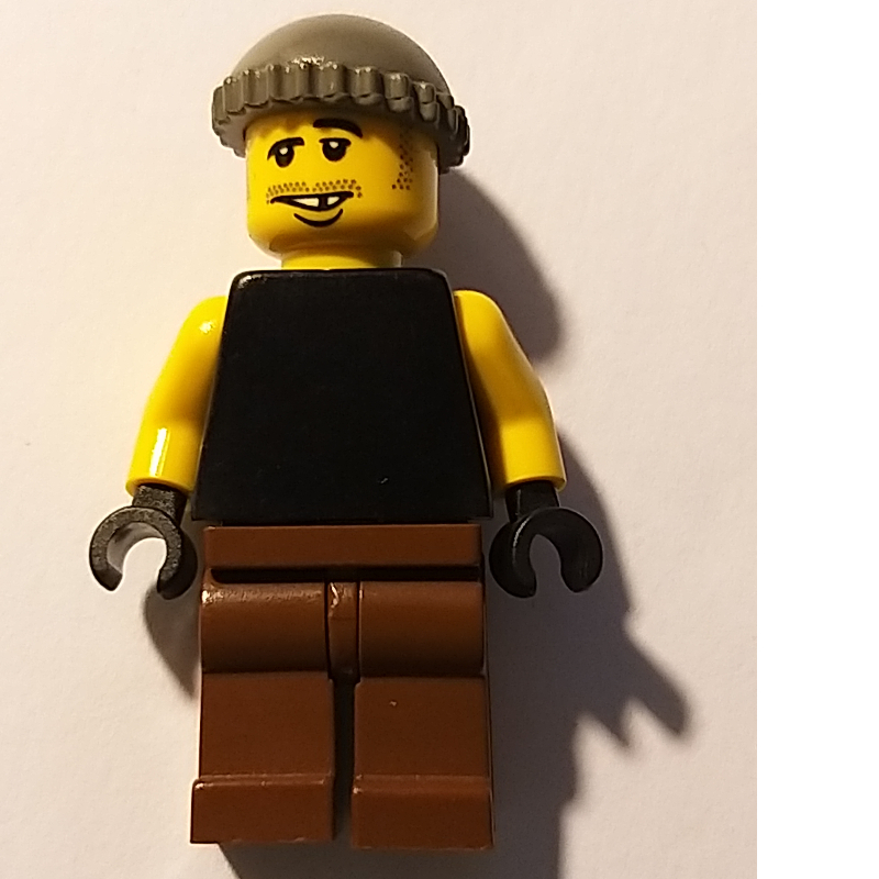LEGO Man, Black Tank Top with Yellow Arms, Brown Legs, Dark Gray Hat (fig-008620)