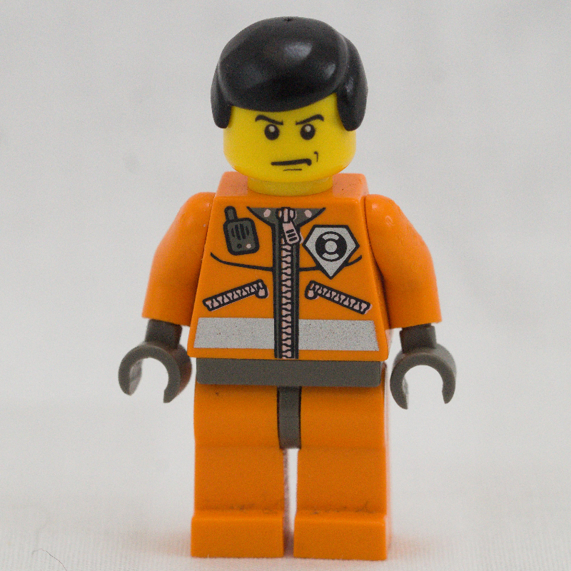 LEGO Coast Guard, Orange Jumpsuit with Zipper, Radio, and Badge, Black Hair (fig-008623)