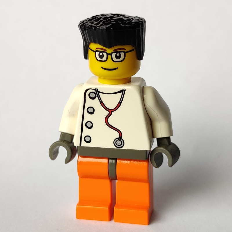 LEGO Doctor, White Shirt with Stethoscope and Side Buttons, Black Hair, Glasses (fig-008625)