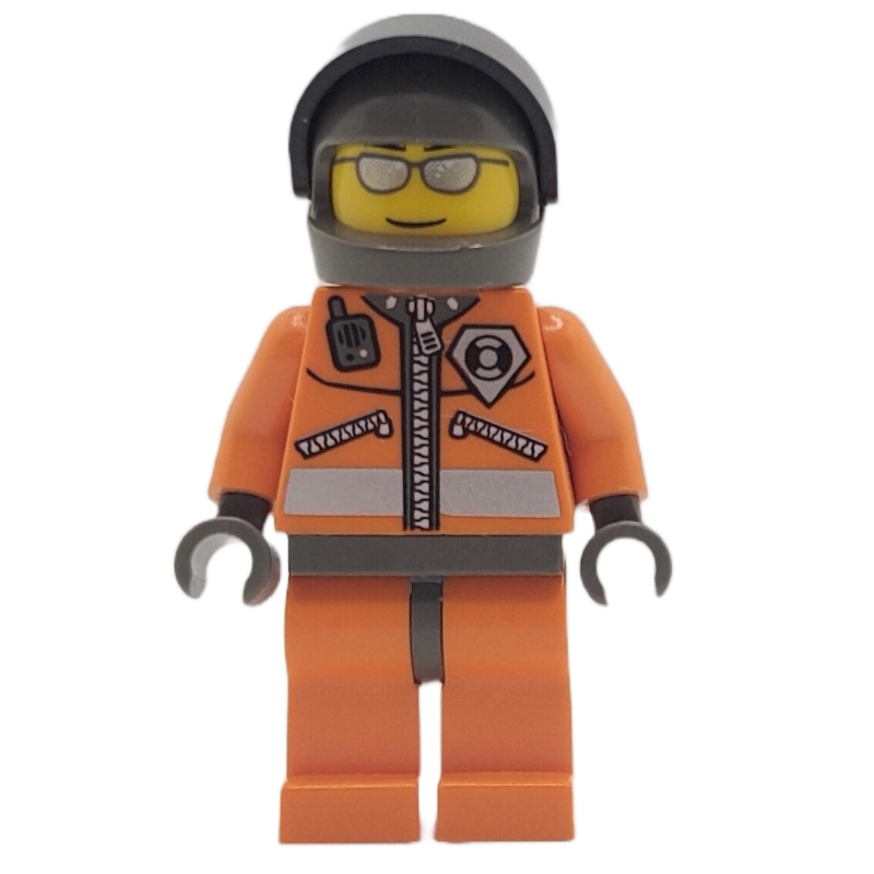 LEGO Coast Guard, Orange Jumpsuit with Zipper, Radio, and Badge, Dark Bluish Gray Hands, Dark Bluish Gray Helmet with Visor, Silver Sunglasses (fig-008626)