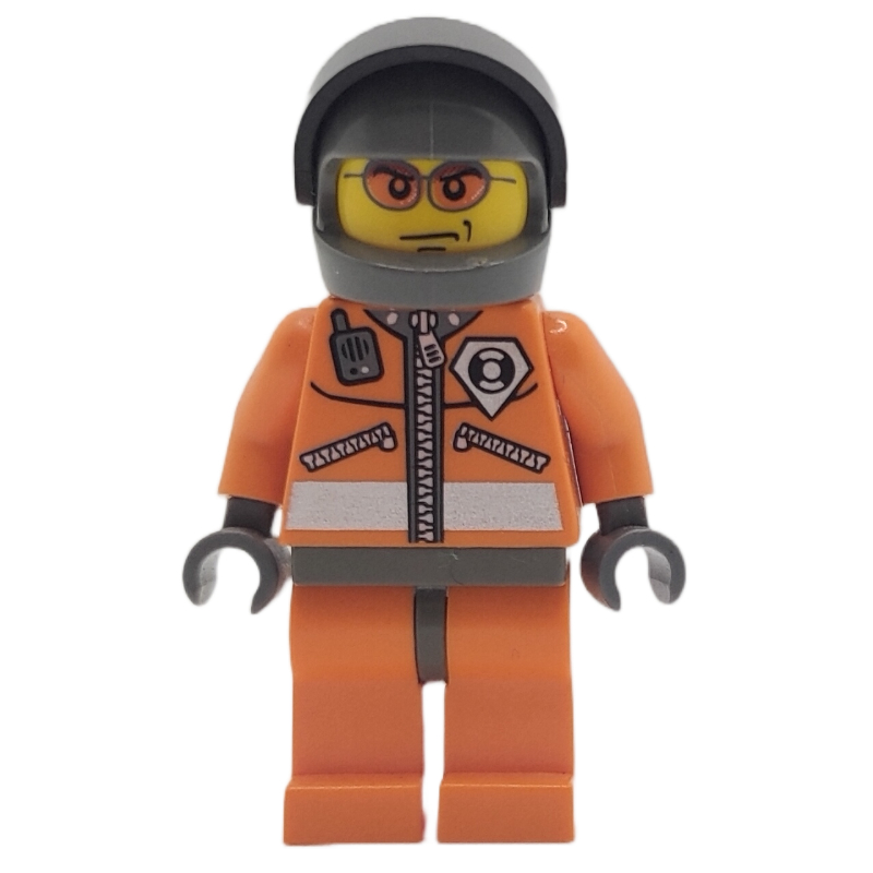 LEGO Coast Guard, Orange Jumpsuit with Zipper, Radio, and Badge, Dark Bluish Gray Hands, Dark Bluish Gray Helmet with Visor, Orange Sunglasses (fig-008627)