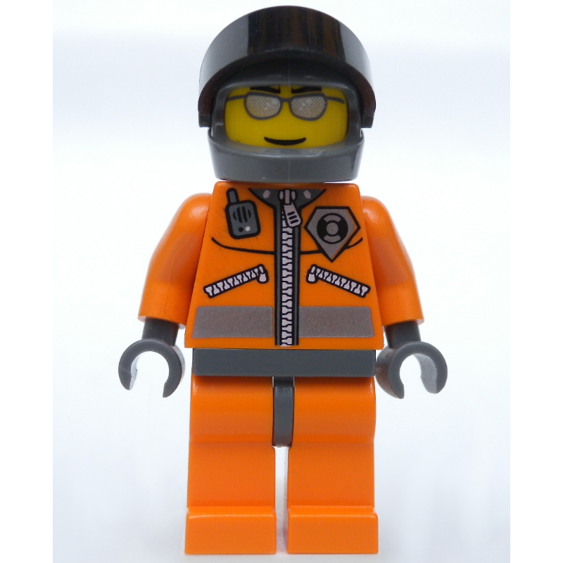 LEGO Coast Guard, Orange Jumpsuit with Zipper, Radio, and Badge, Dark Gray Hands, Dark Bluish Gray Helmet with Visor, Silver Sunglasses (fig-008629)