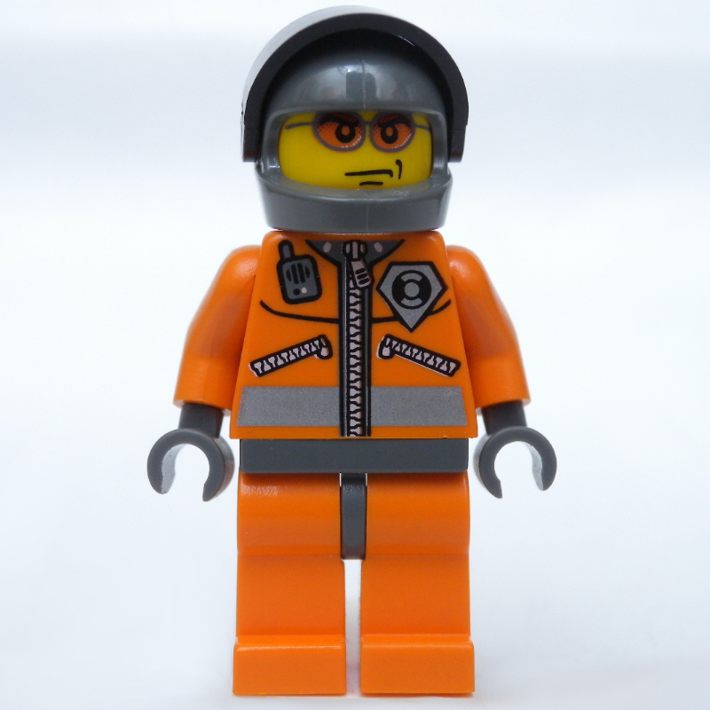 LEGO Coast Guard, Orange Jumpsuit with Zipper, Radio, and Badge, Dark Gray Hands, Dark Bluish Gray Helmet with Visor, Orange Sunglasses (fig-008630)