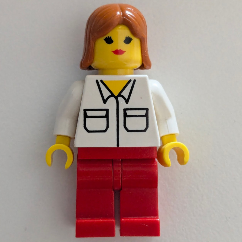 LEGO Woman, White Shirt with Pockets, Red Legs, Dark Orange Hair (fig-008632)