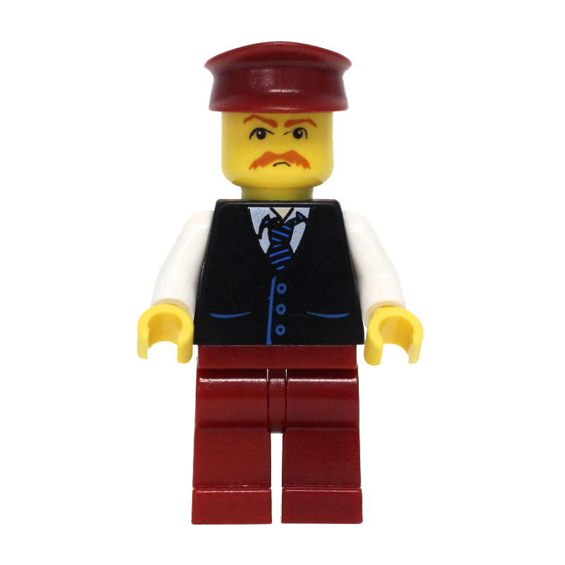LEGO Man, Black Vest over White Shirt with Tie, Dark Red Legs, Dark Red Hat, Moustache (fig-008633)