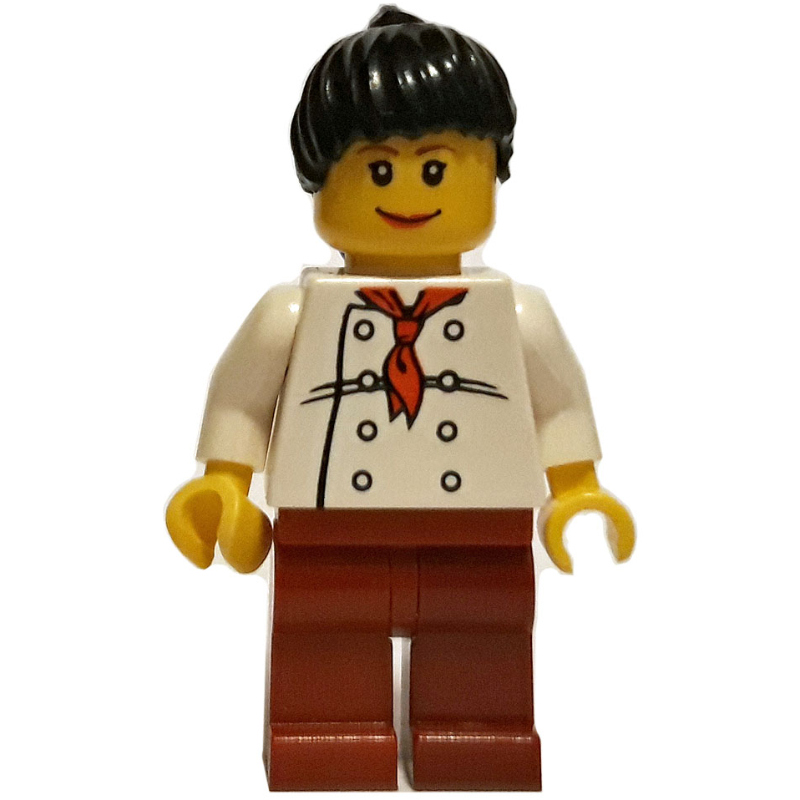 LEGO Chef, Woman, Red Neckerchief, Dark Red Legs, Black Hair (fig-008634)
