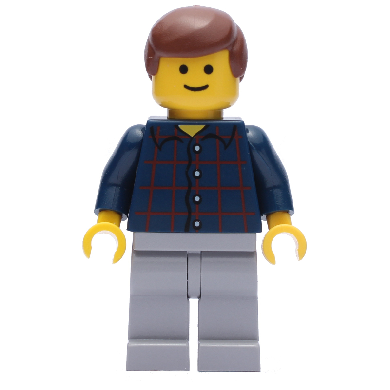 LEGO Man, Dark Blue Plaid Shirt, Light Bluish Gray Legs, Reddish Brown Hair (fig-008637)