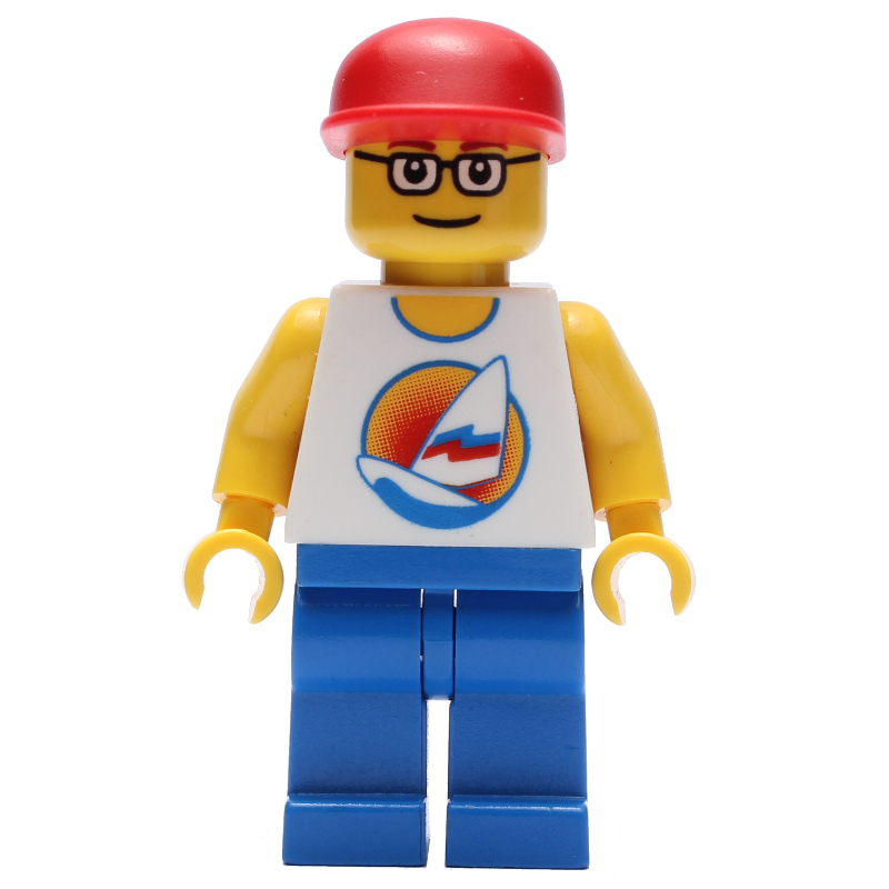 LEGO Man, White Tank Top with Windsurfer, Blue Legs, Red Cap, Glasses (fig-008638)
