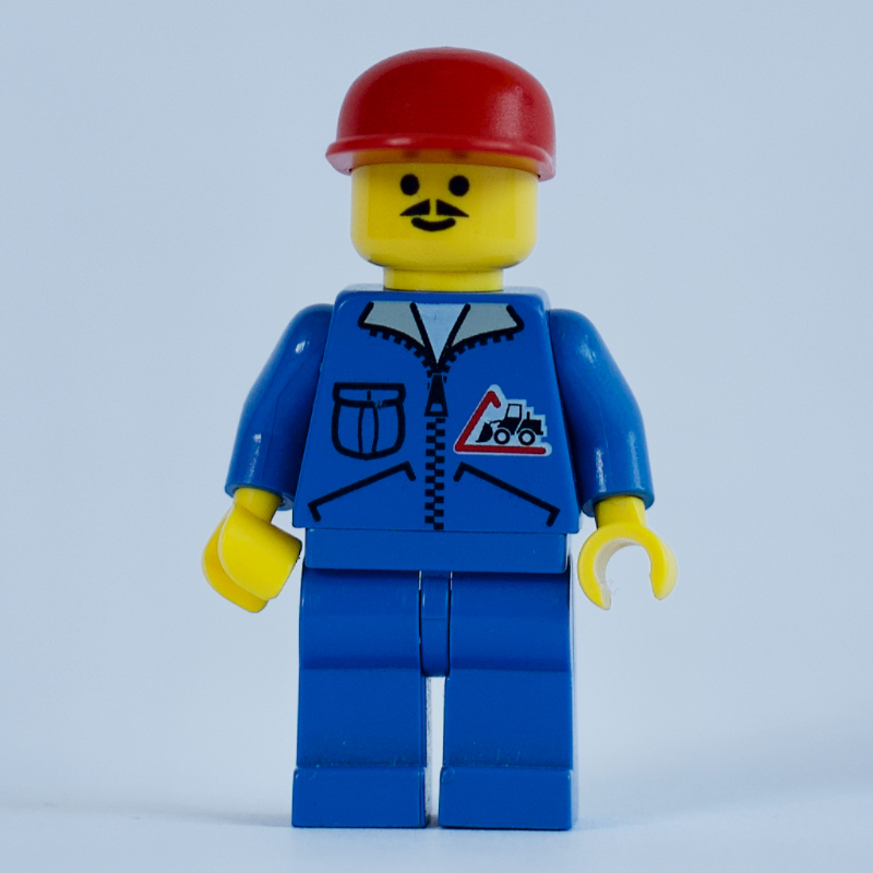 LEGO Construction Worker, Blue Jacket with Zipper and Bulldozer Badge, Blue Legs, Red Cap, Moustache (fig-008646)