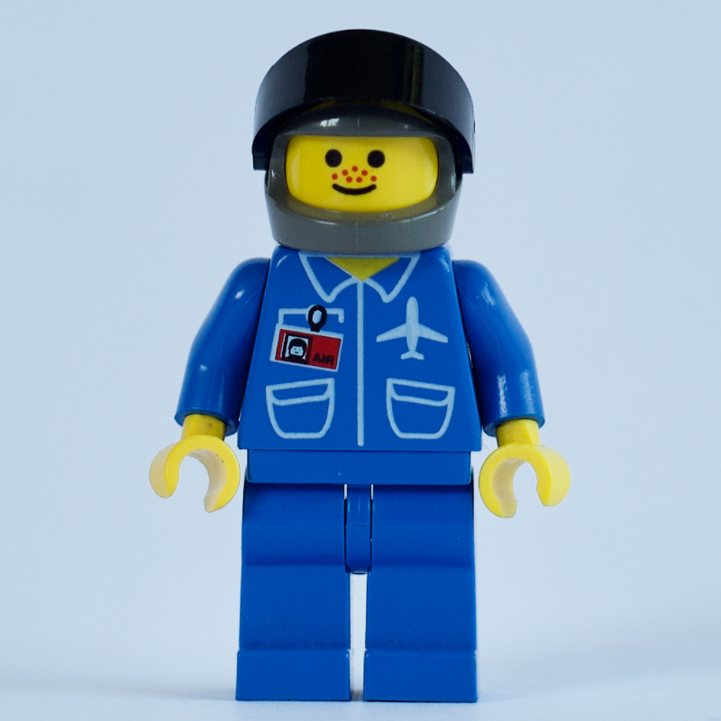 LEGO Pilot, Blue Jacket with Plane Logo and ID Badge, Dark Gray Helmet with Visor (fig-008647)